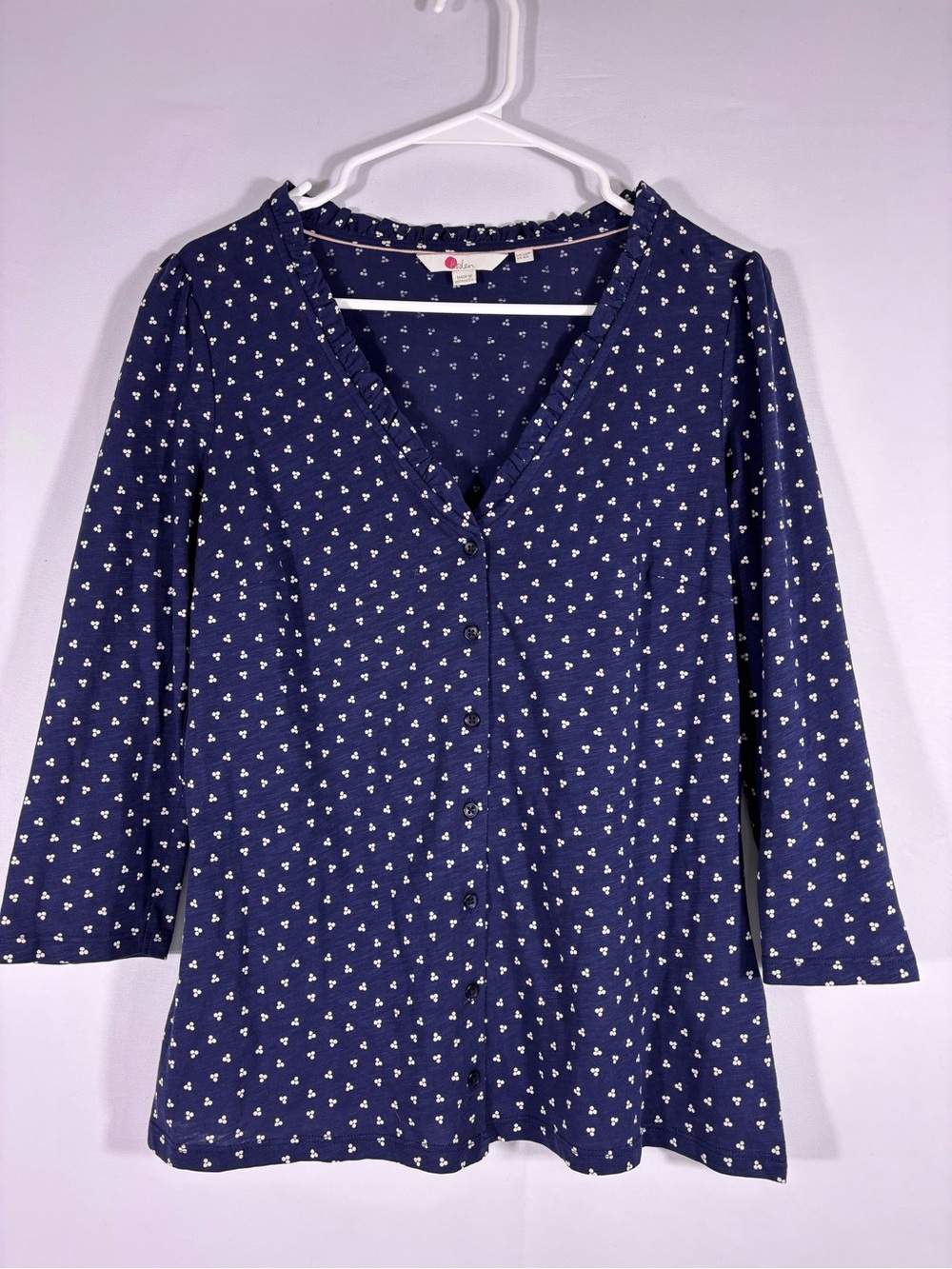 Boden Navy Floral Button Front Blouse Women’s Ruffle Neck Cotton Peplum Top Sz 8